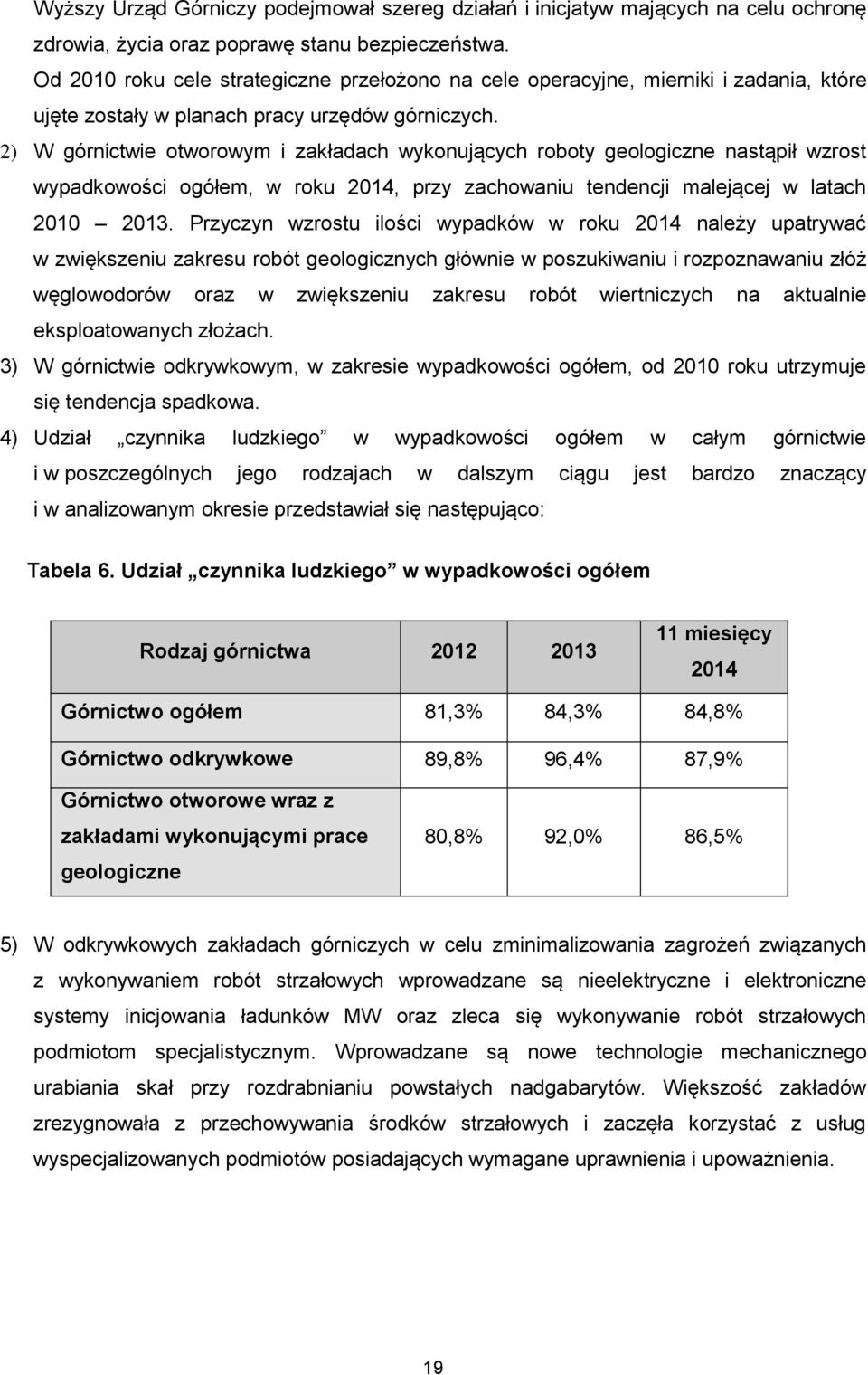 2) W górnictwie otworowym i zakładach wykonujących roboty geologiczne nastąpił wzrost wypadkowości ogółem, w roku 2014, przy zachowaniu tendencji malejącej w latach 2010 2013.
