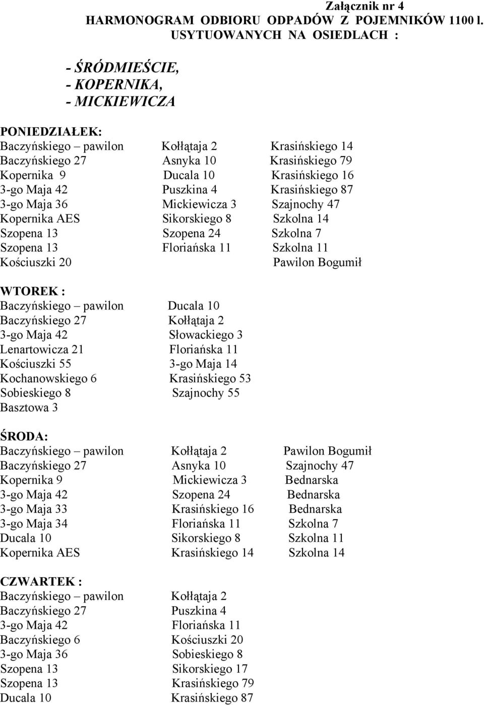 Krasińskiego 16 3-go Maja 42 Puszkina 4 Krasińskiego 87 3-go Maja 36 Mickiewicza 3 Szajnochy 47 Kopernika AES Sikorskiego 8 Szkolna 14 Szopena 13 Szopena 24 Szkolna 7 Szopena 13 Floriańska 11 Szkolna