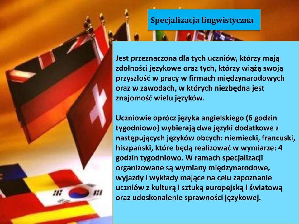 Uczniowie oprócz języka angielskiego (6 godzin tygodniowo) wybierają dwa języki dodatkowe z następujących języków obcych: niemiecki, francuski, hiszpański, które