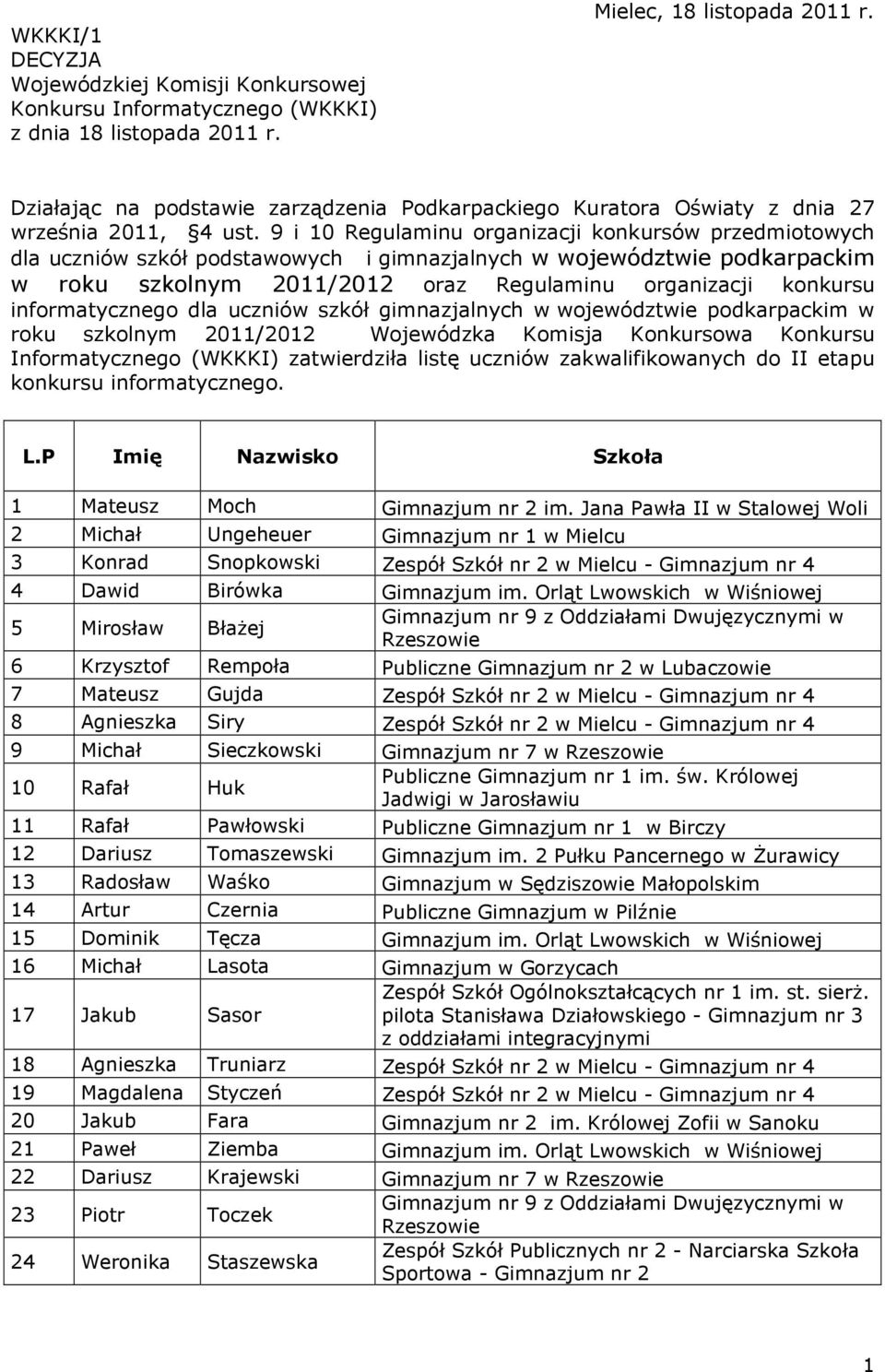 9 i 10 Regulaminu organizacji konkursów przedmiotowych dla uczniów szkół podstawowych i gimnazjalnych w województwie podkarpackim w roku szkolnym 2011/2012 oraz Regulaminu organizacji konkursu