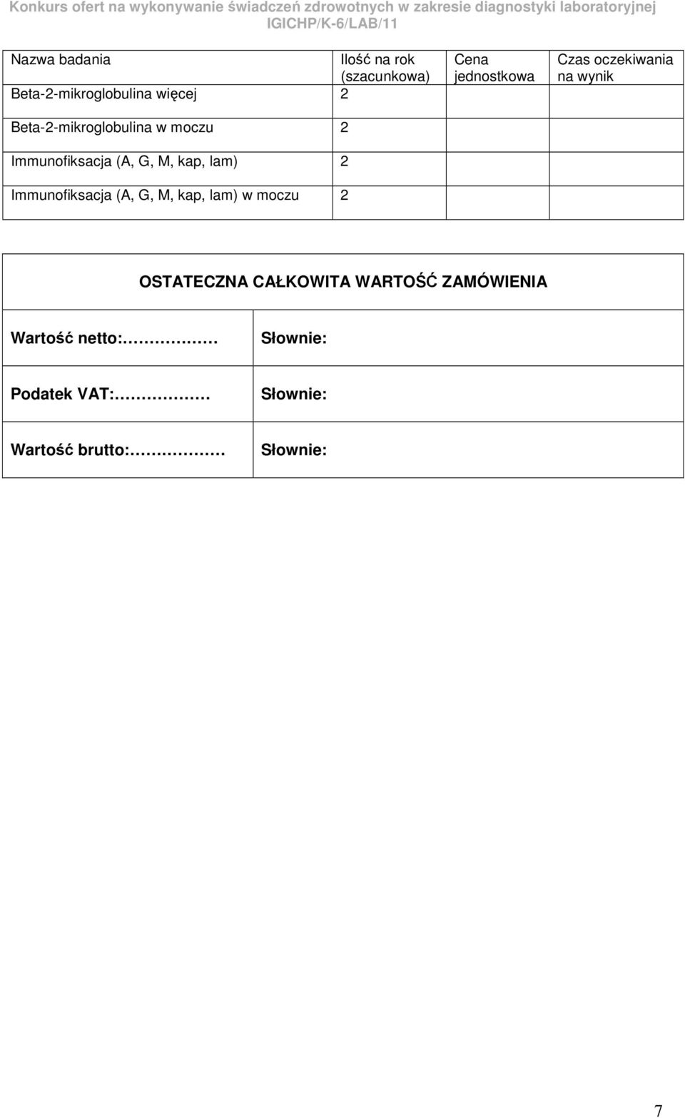 kap, lam) w moczu OSTATECZNA CAŁKOWITA WARTOŚĆ ZAMÓWIENIA