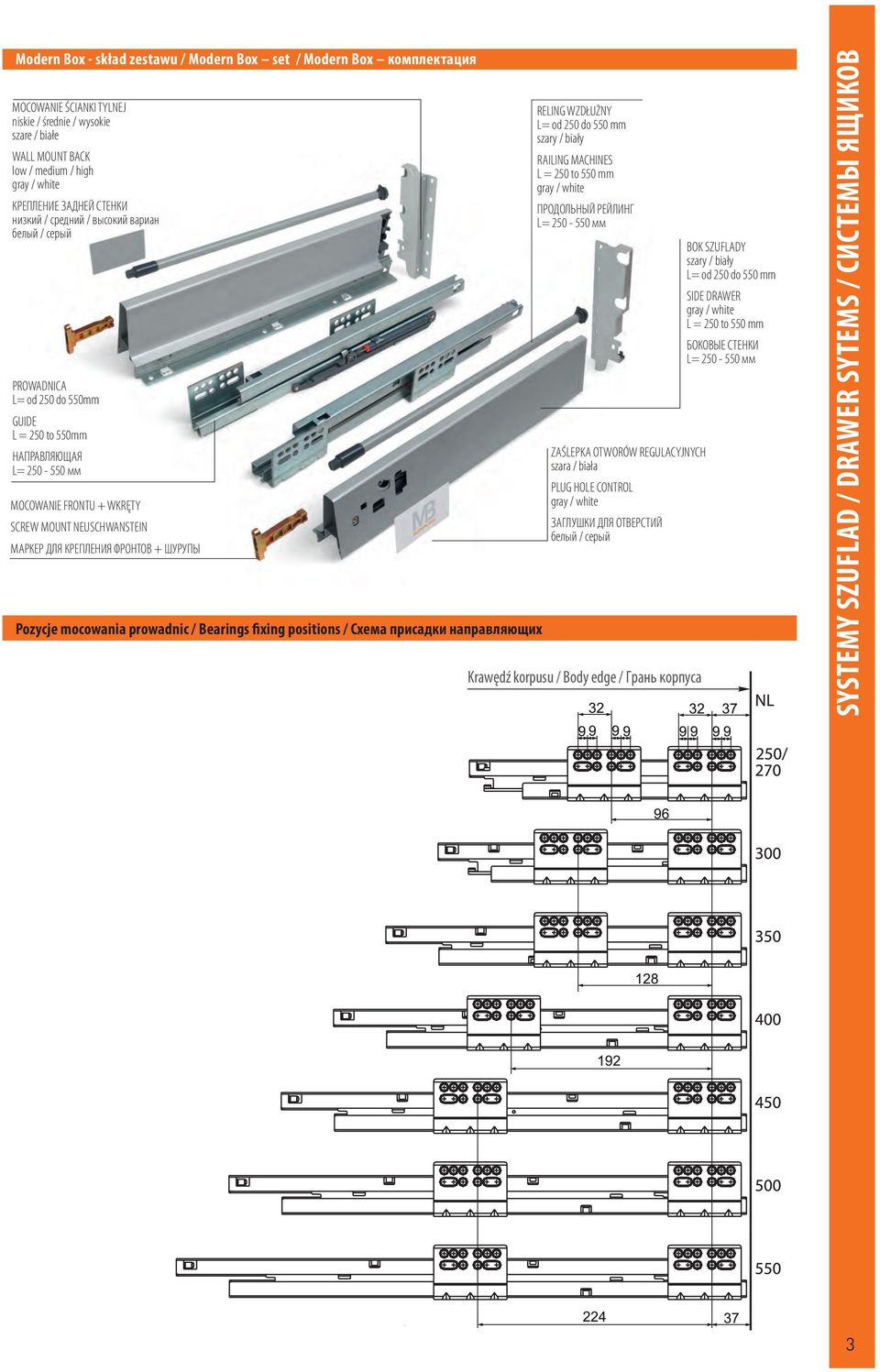 МАРКЕР ДЛЯ КРЕПЛЕНИЯ ФРОНТОВ + ШУРУПЫ Pozycje mocowania prowadnic / Bearings fixing positions / Схема присадки направляющих RELING WZDŁUŻNY L= od 250 do 550 mm szary / biały RAILING MACHINES L = 250