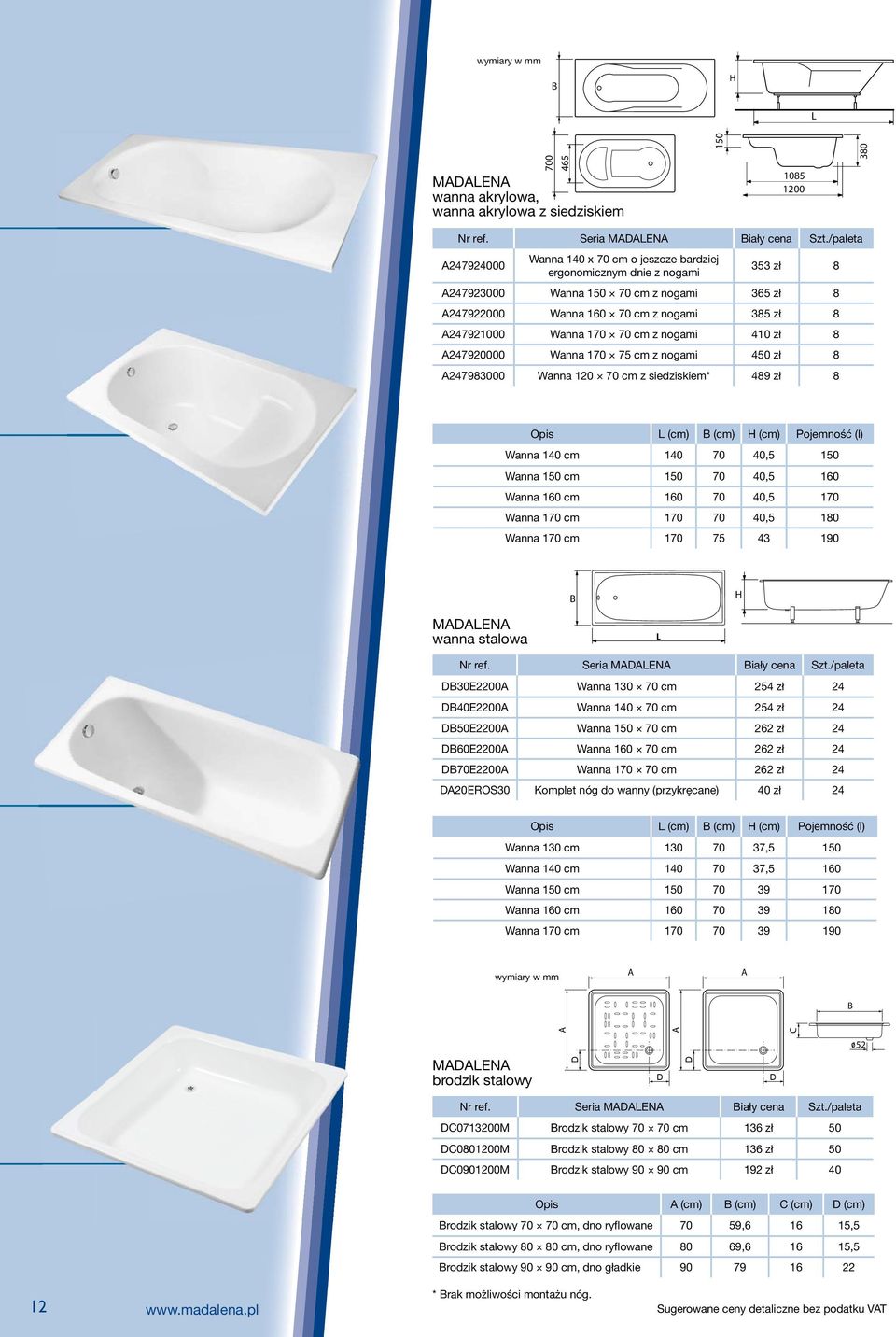 cm z nogami 410 zł 8 247920000 Wanna 170 75 cm z nogami 450 zł 8 247980 Wanna 120 70 cm z siedziskiem* 489 zł 8 Opis L (cm) (cm) H (cm) Pojemność (l) Wanna 140 cm 140 70 40,5 150 Wanna 150 cm 150 70