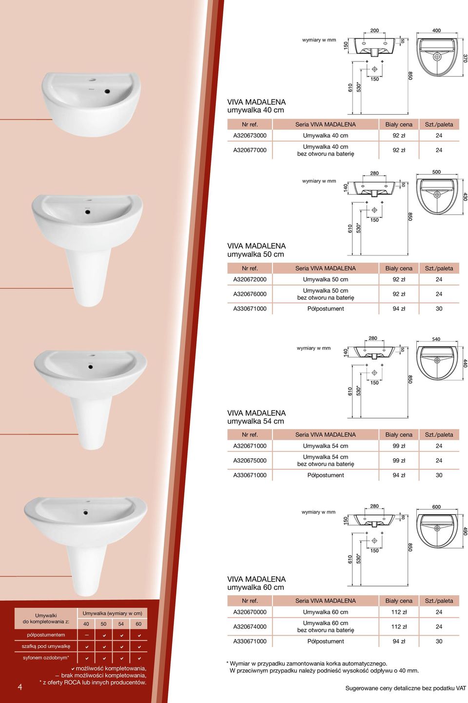 Seria VIV MDLEN iały cena Szt./paleta 320671000 Umywalka 54 cm 99 zł 24 320675000 Umywalka 54 cm bez otworu na baterię 99 zł 24 330671000 Półpostument 94 zł 30 VIV MDLEN umywalka 60 cm Nr ref.