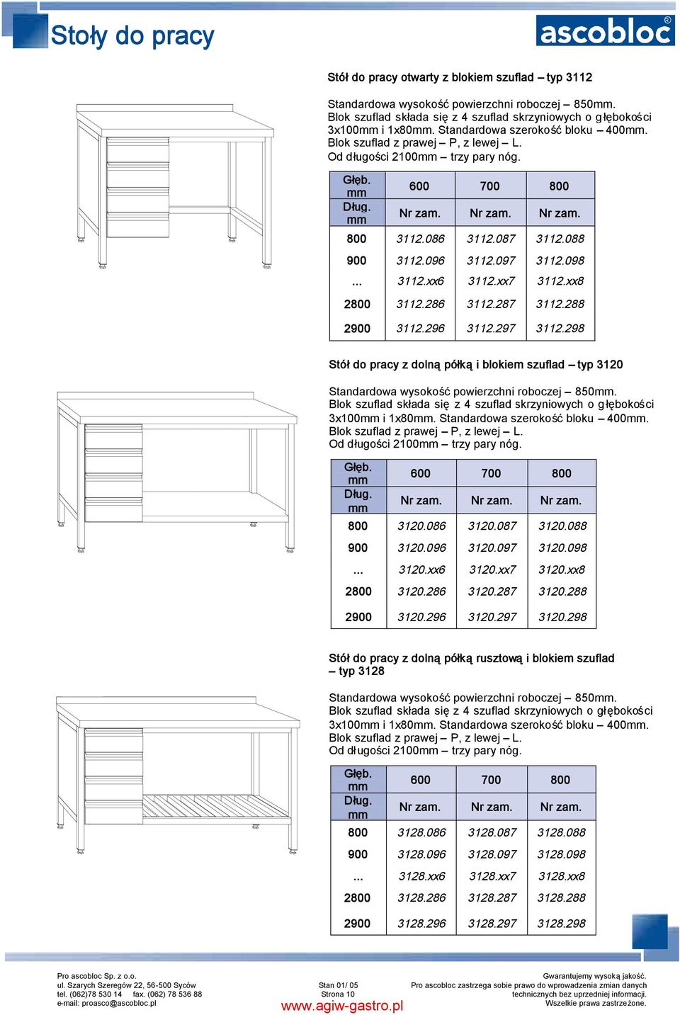 xx8 2800 3112.286 3112.287 3112.288 2900 3112.296 3112.297 3112.298 Stółdo pracy z dolnąpółkąi blokiem szuflad typ 3120 Standardowa wysokośćpowierzchni roboczej 850.
