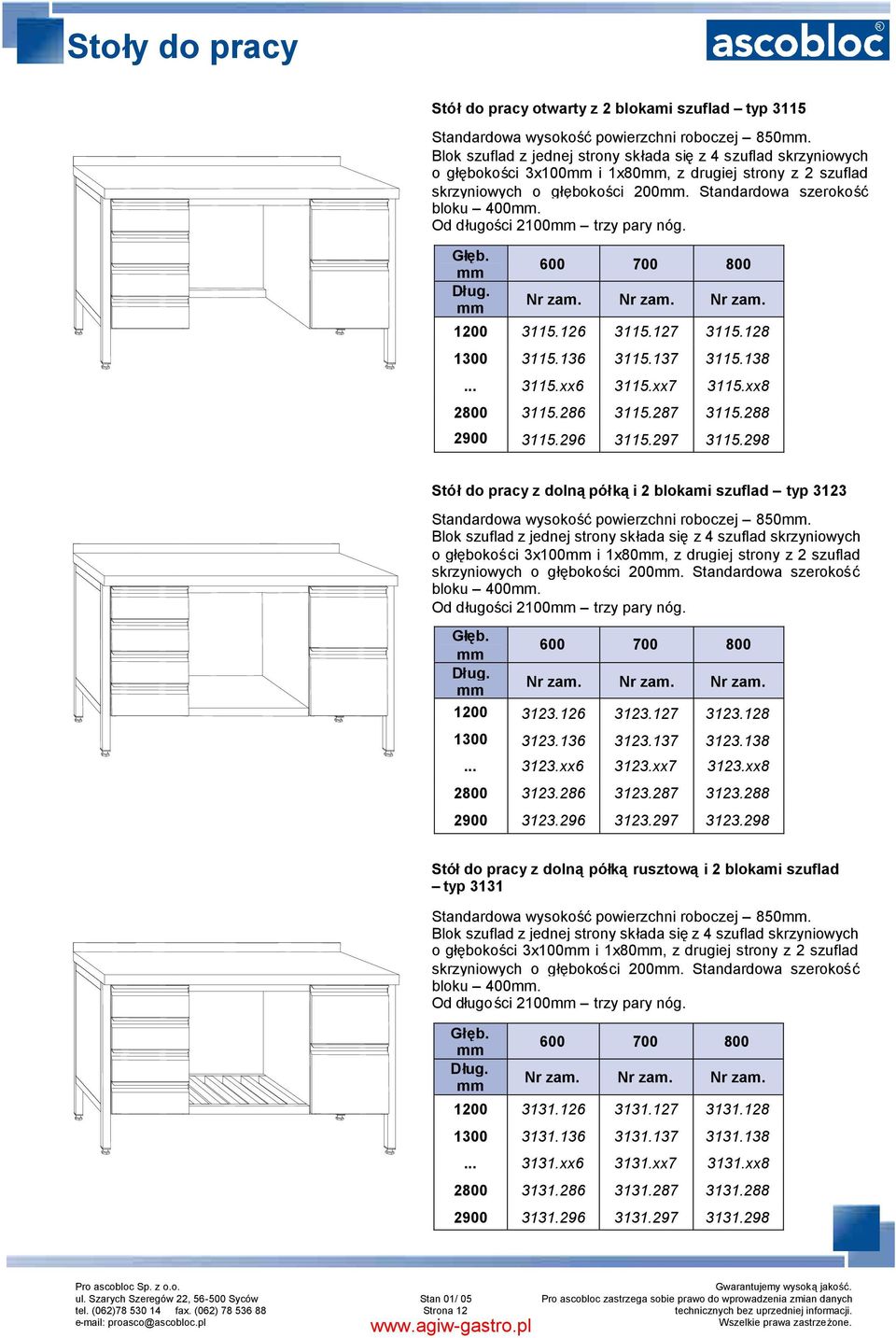 Od długości 2100 trzy pary nóg. 600 700 800 1200 3115.126 3115.127 3115.128 1300 3115.136 3115.137 3115.138... 3115.xx6 3115.xx7 3115.xx8 2800 3115.286 3115.287 3115.288 2900 3115.296 3115.297 3115.