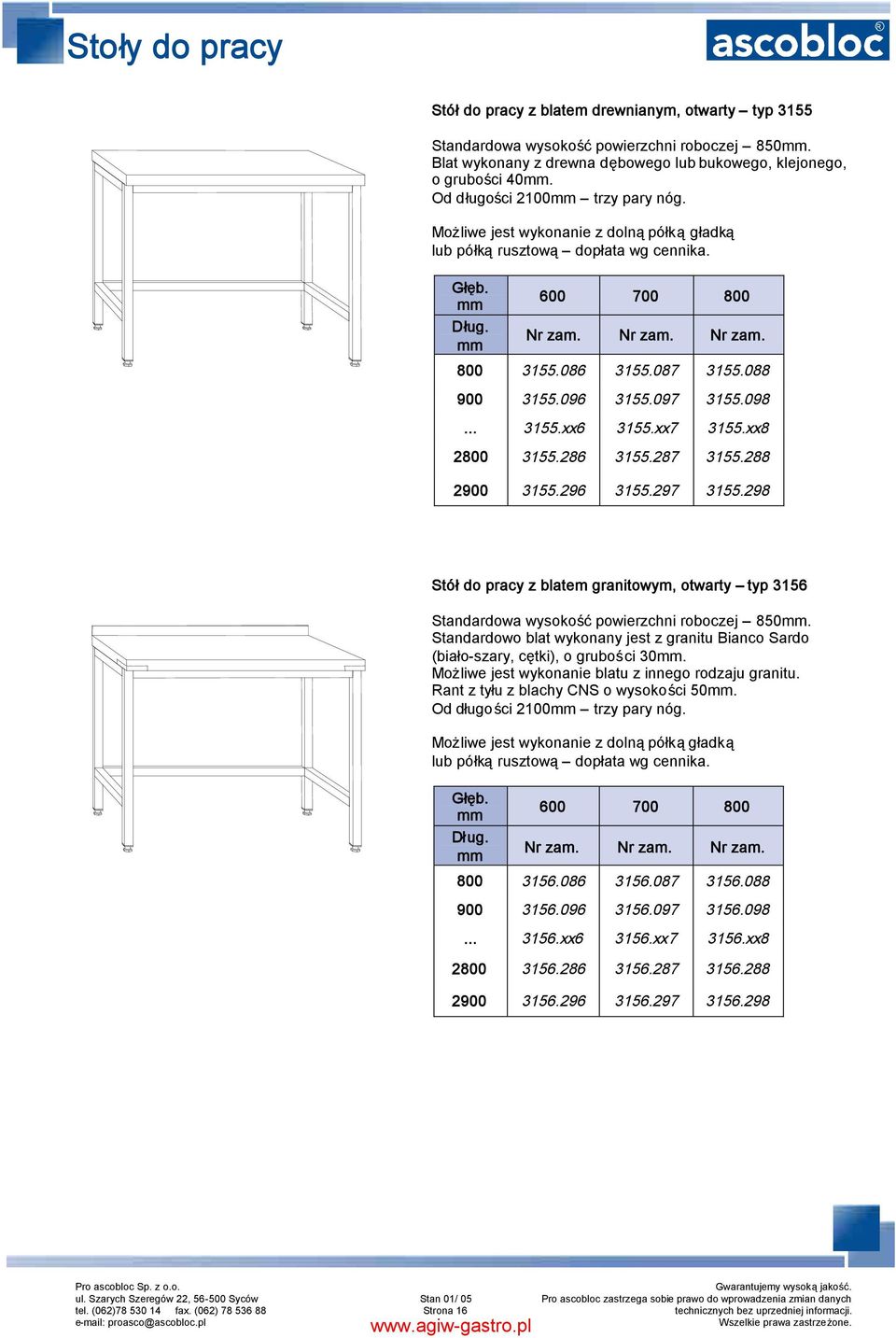 xx7 3155.xx8 2800 3155.286 3155.287 3155.288 2900 3155.296 3155.297 3155.298 Stółdo pracy z blatem granitowym, otwarty typ 3156 Standardowa wysokośćpowierzchni roboczej 850.
