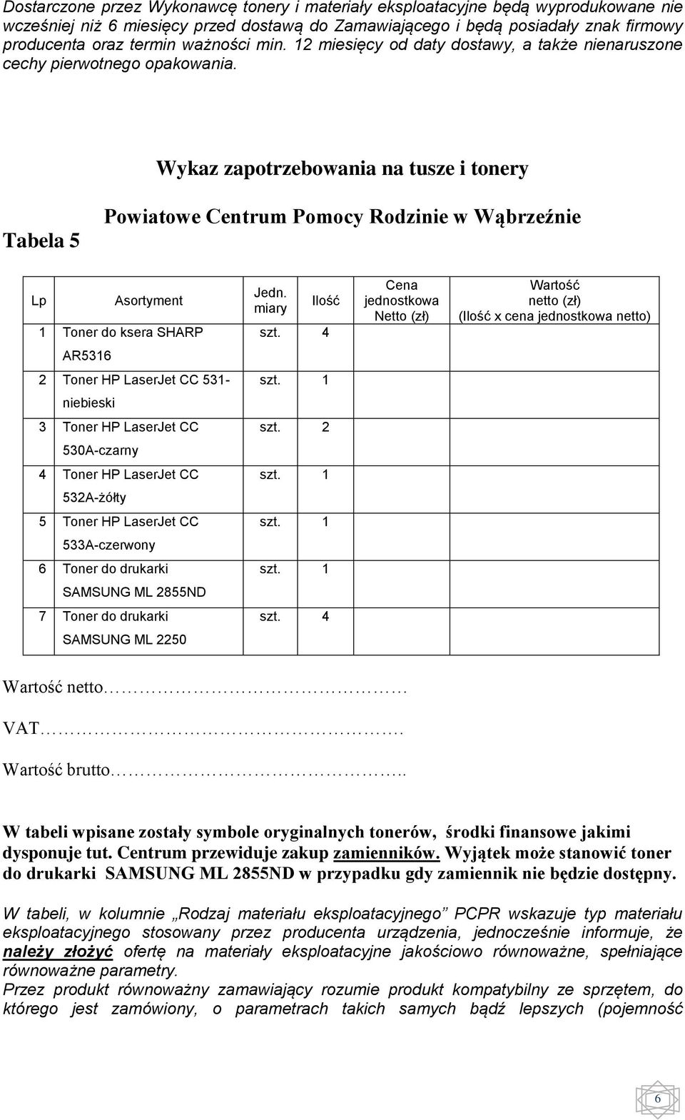 jakimi dysponuje tut. Centrum przewiduje zakup zamienników. Wyjątek może stanowić toner do drukarki SAMSUNG ML 2855ND w przypadku gdy zamiennik nie będzie dostępny.