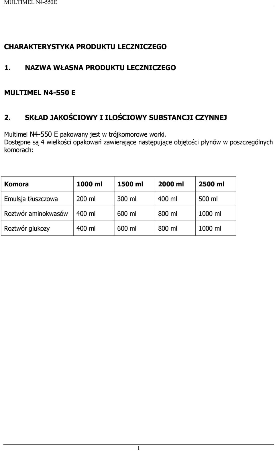 Dostępne są 4 wielkości opakowań zawierające następujące objętości płynów w poszczególnych komorach: Komora 1000 ml