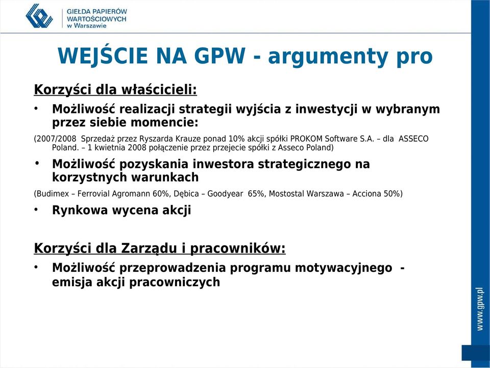 1 kwietnia 2008 połączenie przez przejecie spółki z Asseco Poland) Możliwość pozyskania inwestora strategicznego na korzystnych warunkach (Budimex