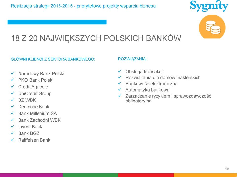 Deutsche Bank Bank Millenium SA Bank Zachodni WBK Invest Bank Bank BGŻ Raiffeisen Bank Obsługa transakcji Rozwiązania