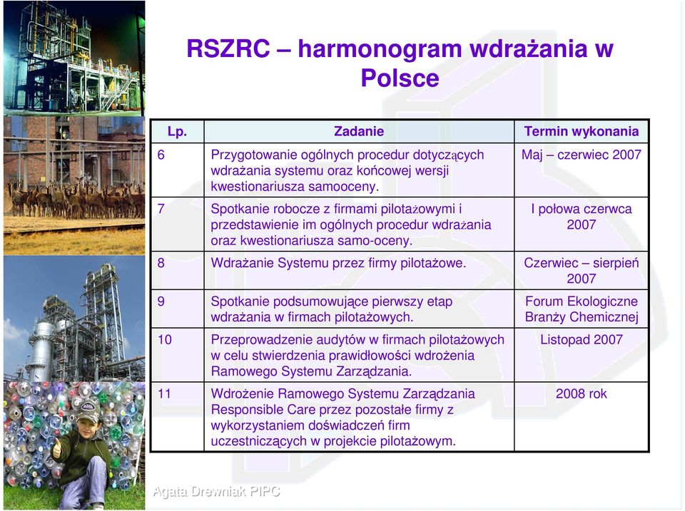 Spotkanie podsumowujące pierwszy etap wdraŝania w firmach pilotaŝowych. Przeprowadzenie audytów w firmach pilotaŝowych w celu stwierdzenia prawidłowości wdroŝenia Ramowego Systemu Zarządzania.