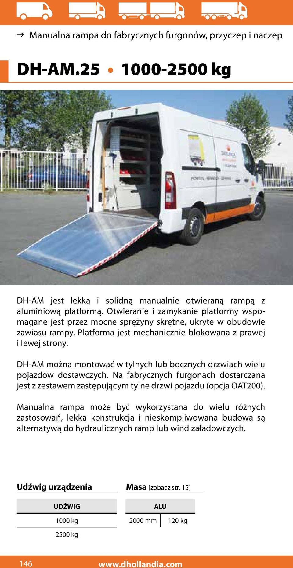 DH-AM można montować w tylnych lub bocznych drzwiach wielu pojazdów dostawczych. Na fabrycznych furgonach dostarczana jest z zestawem zastępującym tylne drzwi pojazdu (opcja OAT200).