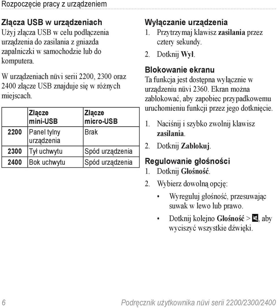 Złącze mini-usb 2200 Panel tylny urządzenia Złącze micro-usb Brak 2300 Tył uchwytu Spód urządzenia 2400 Bok uchwytu Spód urządzenia Wyłączanie urządzenia 1.