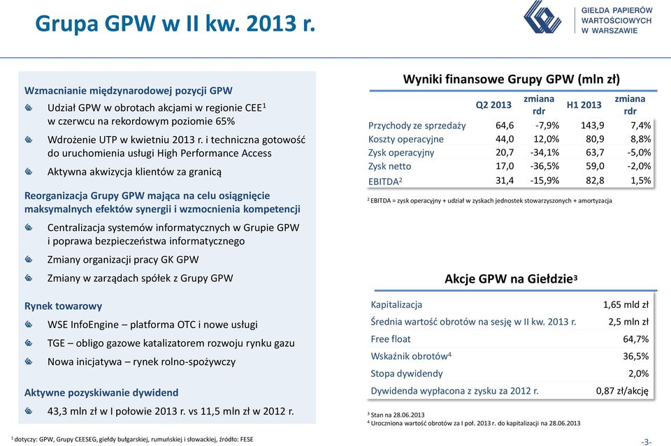 wzmocnienia kompetencji Centralizacja systemów informatycznych w Grupie GPW i poprawa bezpieczeństwa informatycznego Zmiany organizacji pracy GK GPW Zmiany w zarządach spółek z Grupy GPW Rynek