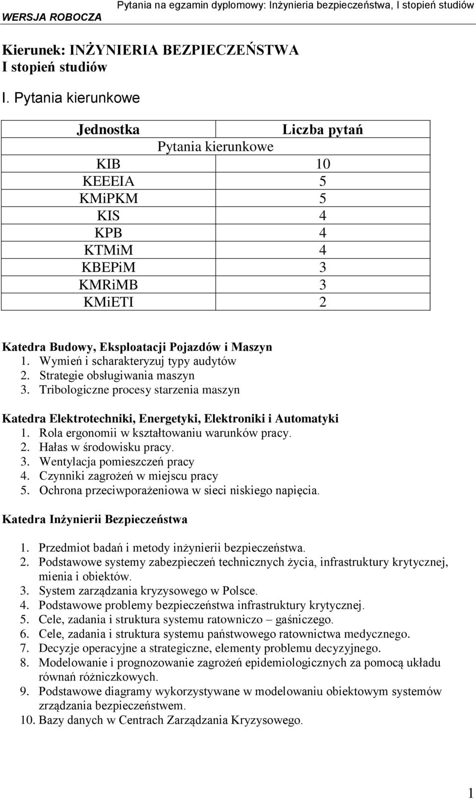 Strategie obsługiwania maszyn 3. Tribologiczne procesy starzenia maszyn Katedra Elektrotechniki, Energetyki, Elektroniki i Automatyki 1. Rola ergonomii w kształtowaniu warunków pracy. 2.