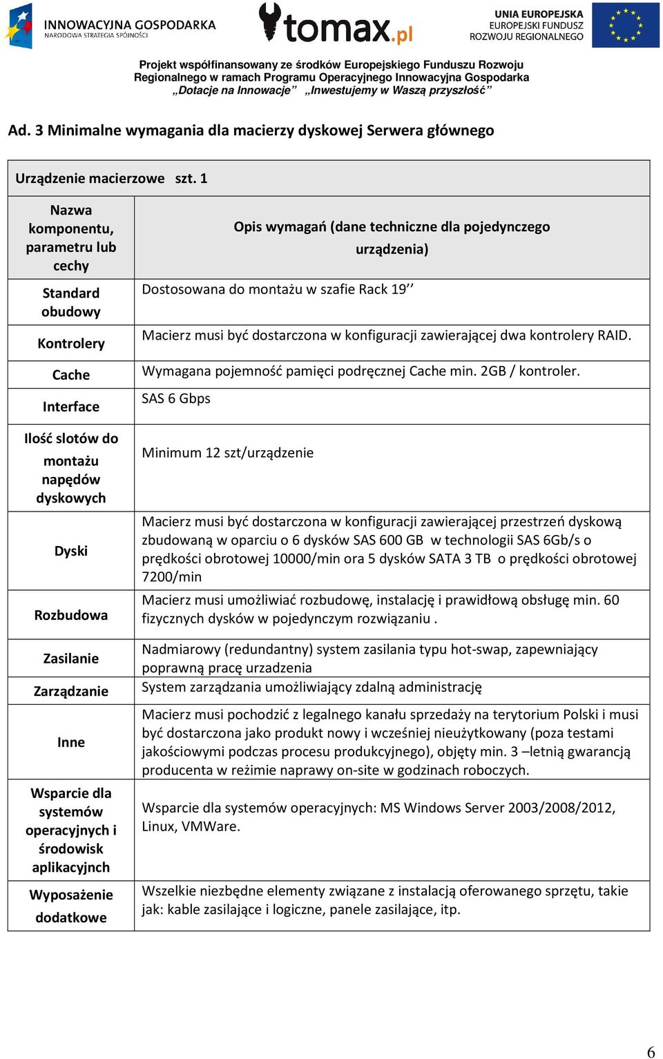 operacyjnych i środowisk aplikacyjnch Wyposażenie dodatkowe (dane techniczne dla pojedynczego urządzenia) Dostosowana do montażu w szafie Rack 19 Macierz musi być dostarczona w konfiguracji