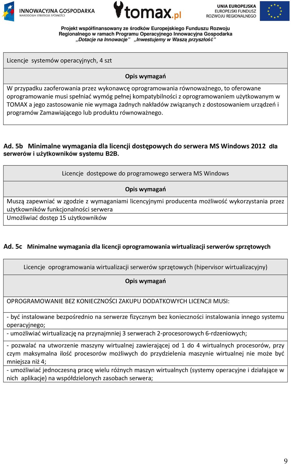 5b Minimalne wymagania dla licencji dostępowych do serwera MS Windows 2012 dla serwerów i użytkowników systemu B2B.