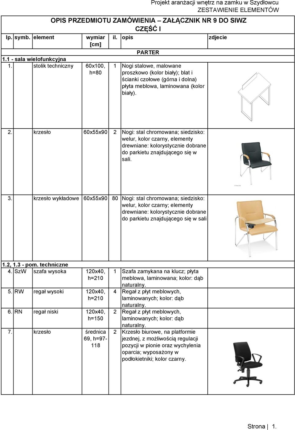 krzesło 60x55x90 2 Nogi: stal chromowana; siedzisko: welur, kolor czarny, elementy drewniane: kolorystycznie dobrane do parkietu znajdującego się w sali. 3.