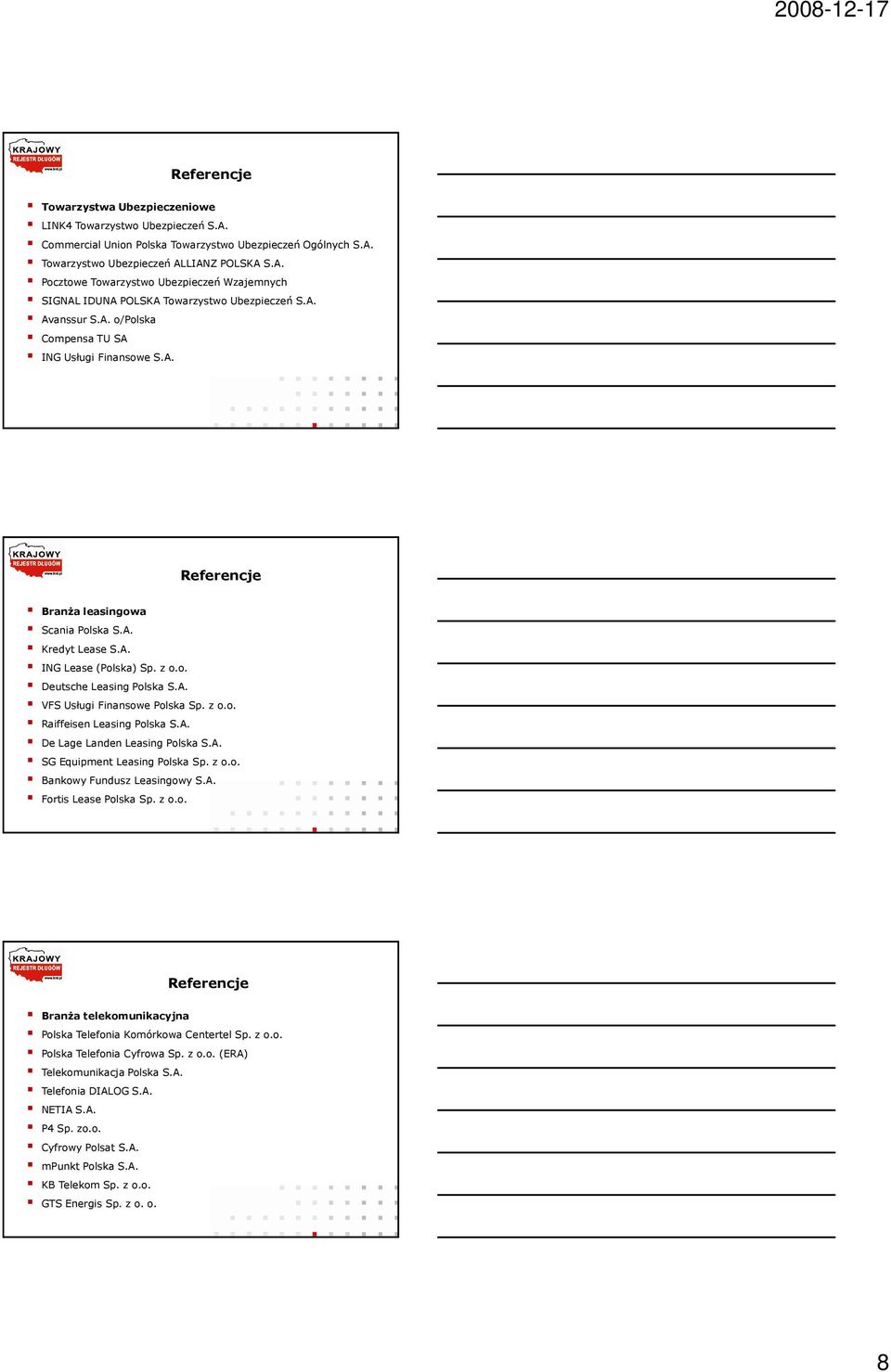 z o.o. Raiffeisen Leasing Polska S.A. De Lage Landen Leasing Polska S.A. SG Equipment Leasing Polska Sp. z o.o. Bankowy Fundusz Leasingowy S.A. Fortis Lease Polska Sp. z o.o. BranŜa telekomunikacyjna Polska Telefonia Komórkowa Centertel Sp.