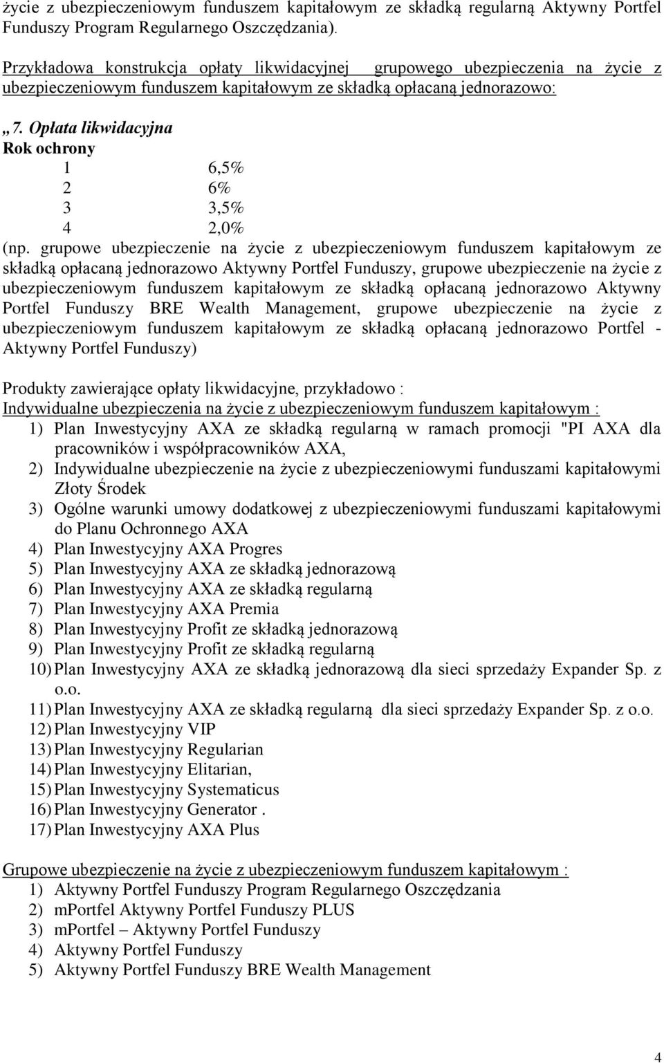 Opłata likwidacyjna Rok ochrony 1 6,5% 2 6% 3 3,5% 4 2,0% (np.