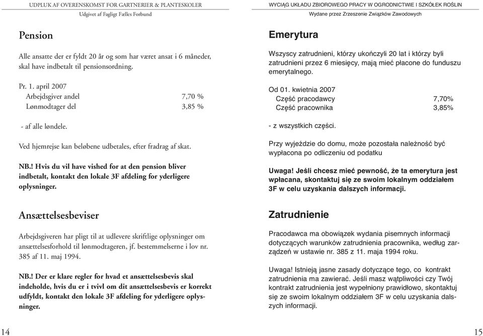 ! Hvis du vil have vished for at den pension bliver indbetalt, kontakt den lokale 3F afdeling for yderligere oplysninger.
