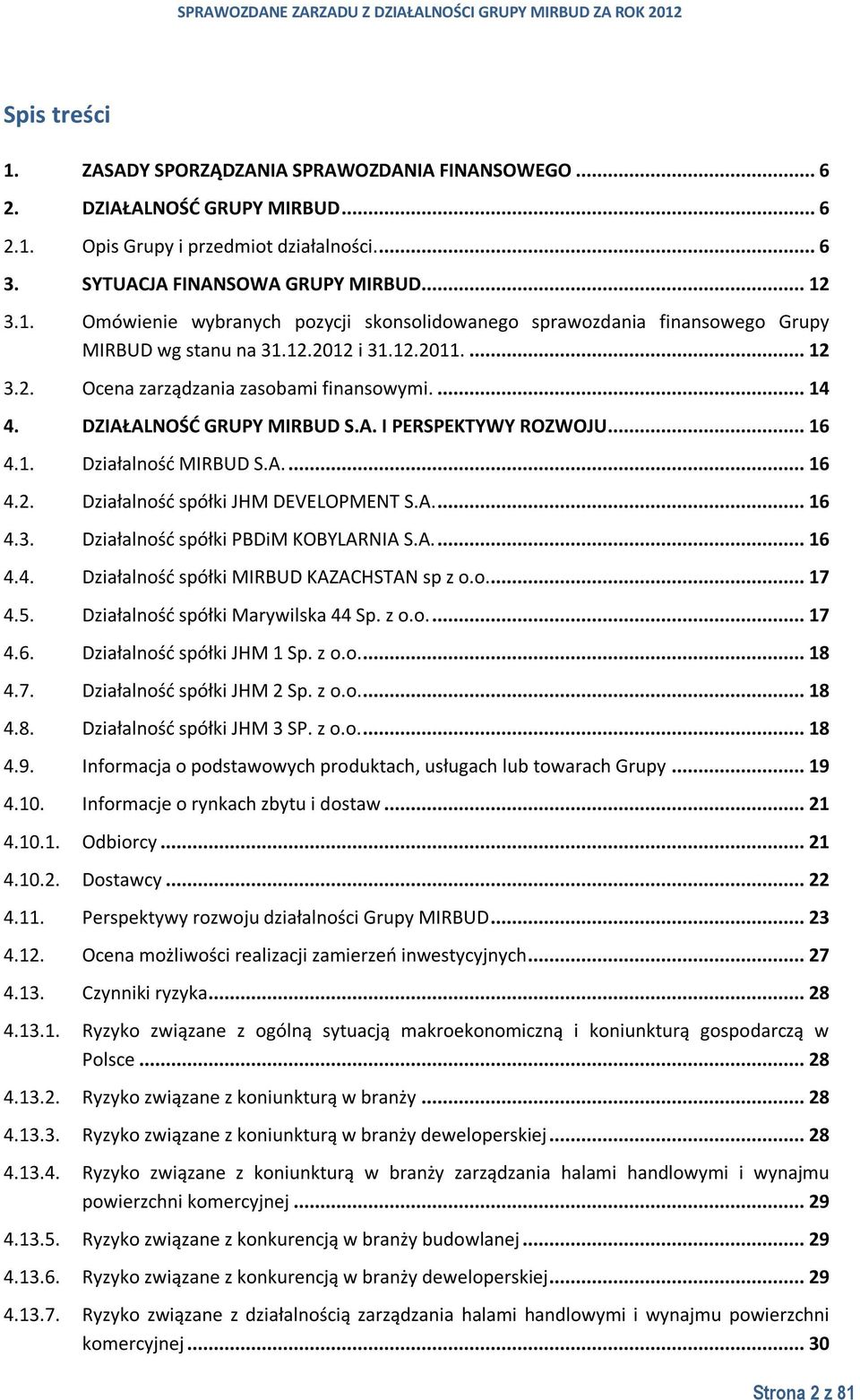 A.... 16 4.3. Działalność spółki PBDiM KOBYLARNIA S.A.... 16 4.4. Działalność spółki MIRBUD KAZACHSTAN sp z o.o... 17 4.5. Działalność spółki Marywilska 44 Sp. z o.o.... 17 4.6. Działalność spółki JHM 1 Sp.