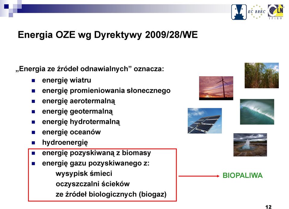 energię hydrotermalną energię oceanów hydroenergię energię pozyskiwaną z biomasy energię