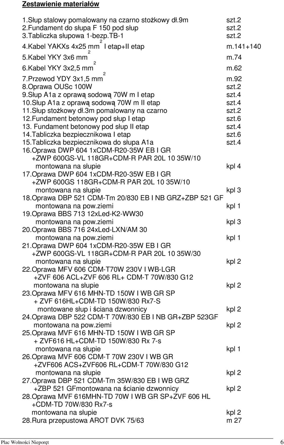 Słup A1a z oprawą sodową 70W m II etap szt.4 11.Słup stożkowy dł.3m pomalowany na czarno szt.2 12.Fundament betonowy pod słup I etap szt.6 13. Fundament betonowy pod słup II etap szt.4 14.