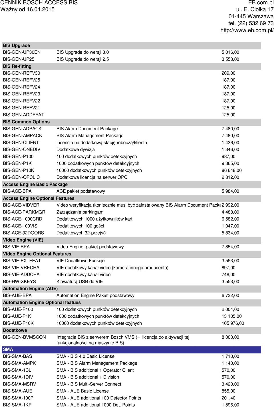 BIS-GEN-ADPACK BIS Alarm Document Package 7 480,00 BIS-GEN-AMPACK BIS Alarm Management Package 7 480,00 BIS-GEN-CLIENT Licencja na dodatkową stację roboczą/klienta 1 436,00 BIS-GEN-ONEDIV Dodatkowe