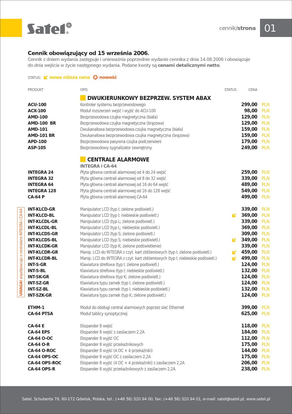 SYSTEM ABAX ACU-100 Kontroler systemu bezprzewodowego 299,00 PLN ACX-100 Moduł rozszerzeń wejść i wyjść do ACU-100 98,00 PLN AMD-100 Bezprzewodowa czujka magnetyczna (biała) 129,00 PLN AMD-100 BR