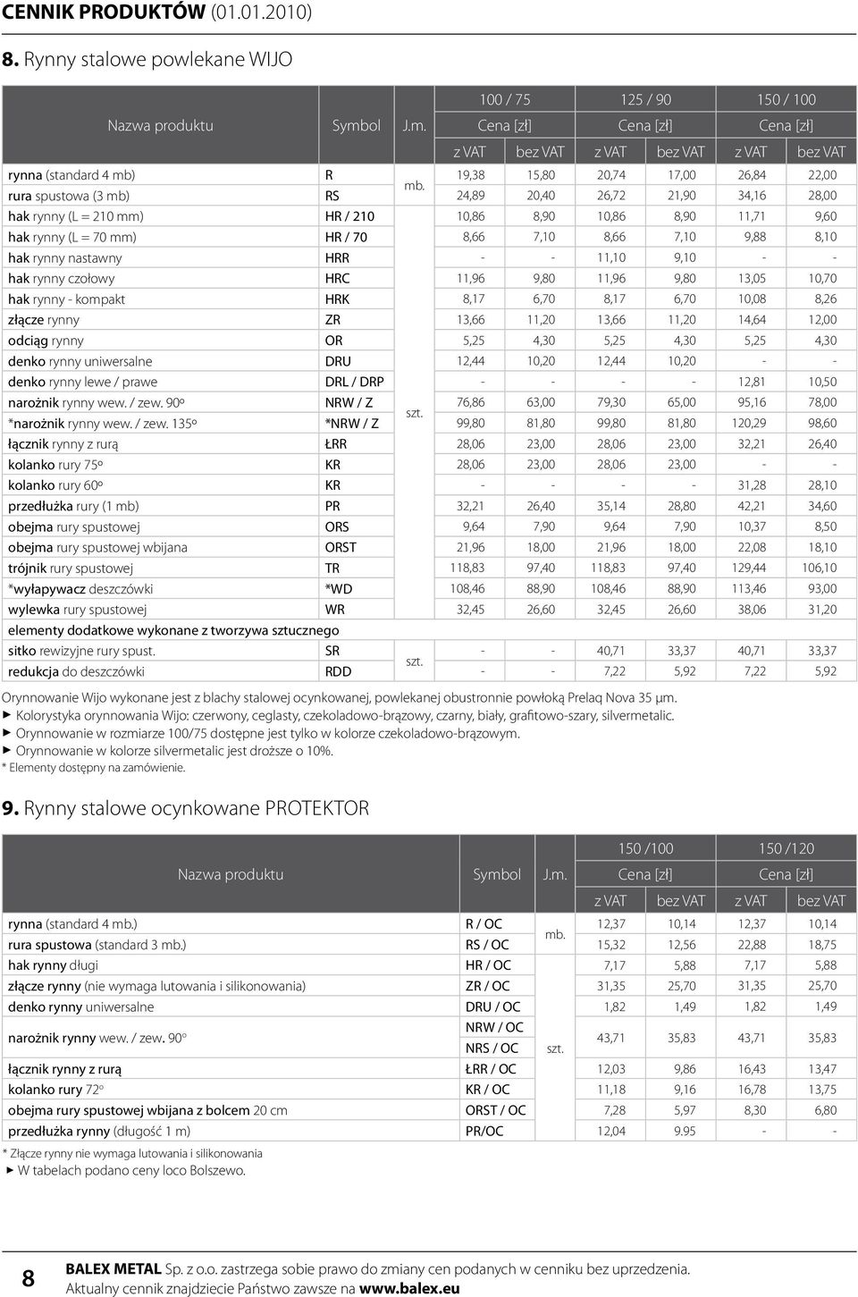 nastawny HRR - - 11,10 9,10 - - hak rynny czołowy HRC 11,96 9,80 11,96 9,80 13,05 10,70 hak rynny - kompakt HRK 8,17 6,70 8,17 6,70 10,08 8,26 złącze rynny ZR 13,66 11,20 13,66 11,20 14,64 12,00