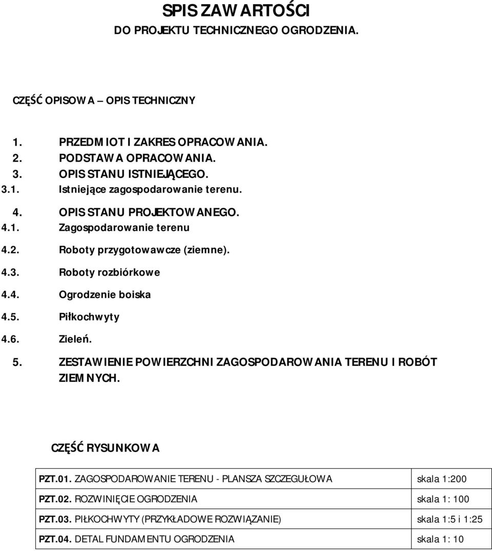 5. ZESTAWIENIE POWIERZCHNI ZAGOSPODAROWANIA TERENU I ROBÓT ZIEMNYCH. CZĘŚĆ RYSUNKOWA PZT.01. ZAGOSPODAROWANIE TERENU - PLANSZA SZCZEGUŁOWA skala 1:200 PZT.02.