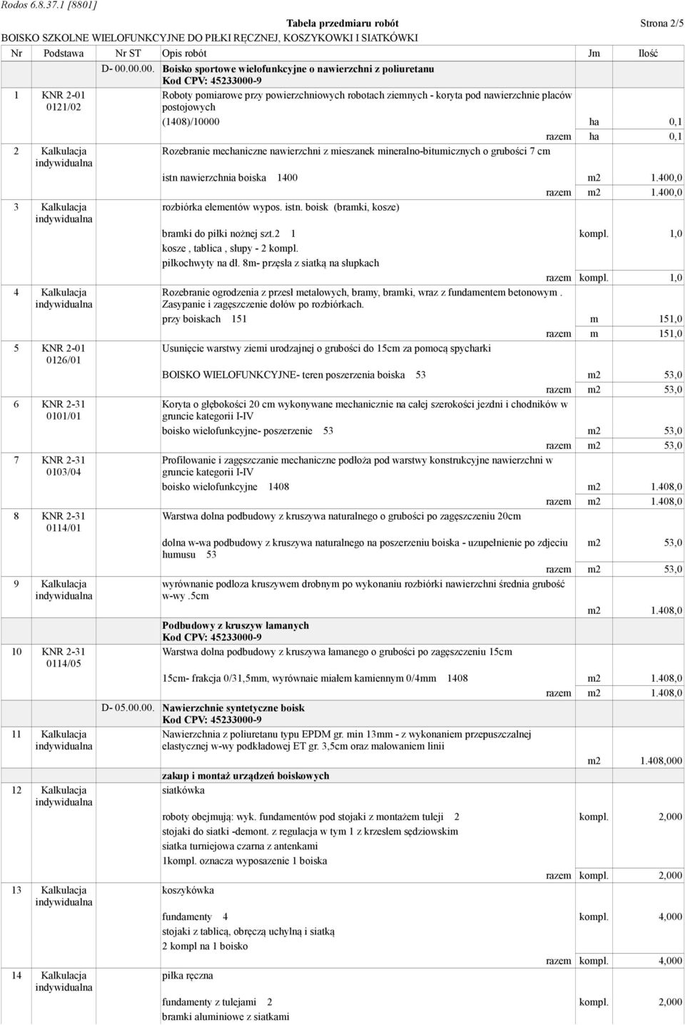 00.00. Boisko sportowe wielofunkcyjne o nawierzchni z poliuretanu Roboty pomiarowe przy powierzchniowych robotach ziemnych - koryta pod nawierzchnie placów postojowych (1408)/10000 ha 0,1 razem ha