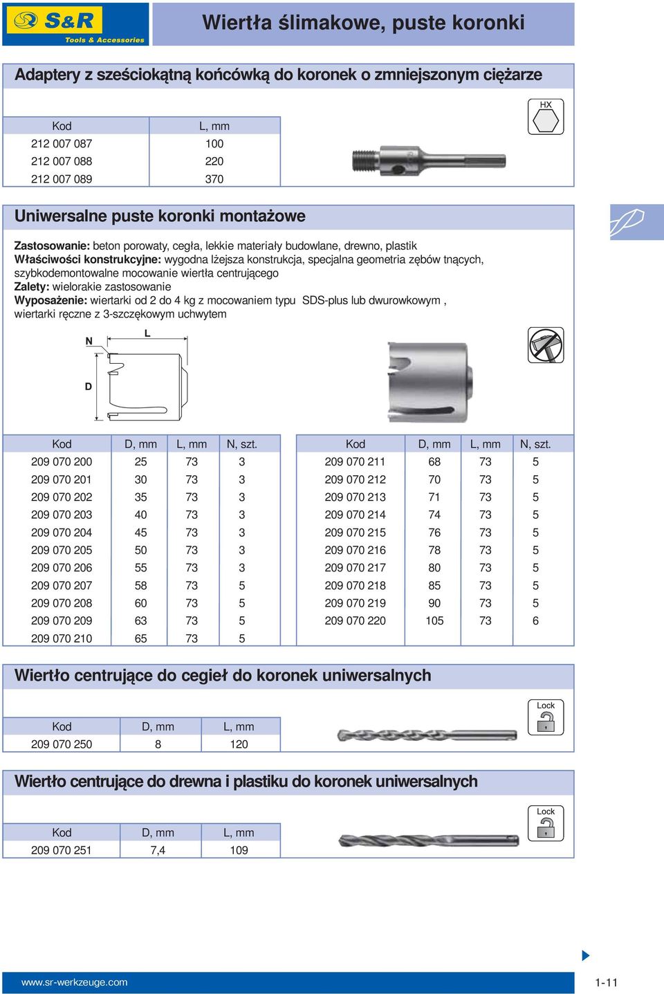 mocowanie wiertła centrującego Zalety: wielorakie zastosowanie Wyposażenie: wiertarki od 2 do 4 kg z mocowaniem typu SDS-plus lub dwurowkowym, wiertarki ręczne z 3-szczękowym uchwytem Kod D, mm L, mm