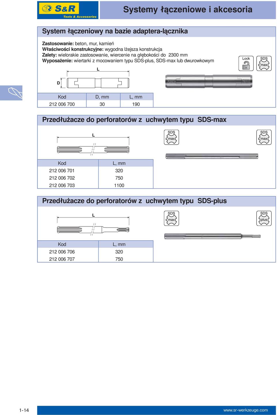 SDS-plus, SDS-max lub dwurowkowym Kod D, mm L, mm 212 006 700 30 190 Przedłużacze do perforatorów z uchwytem typu SDS-max Kod L, mm 212