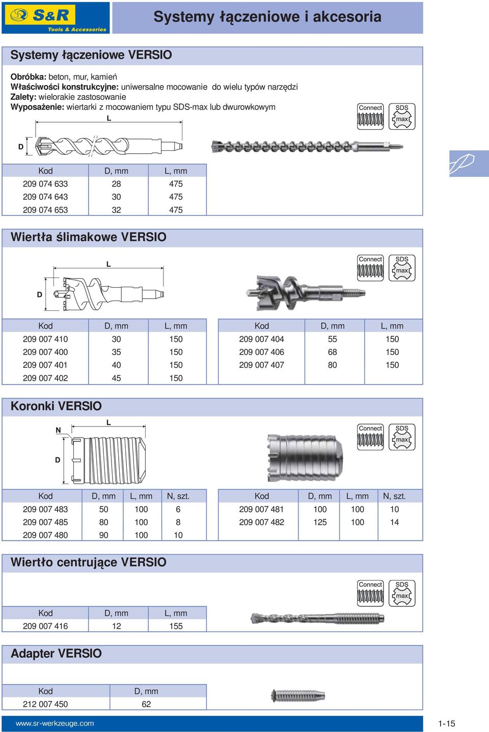 209 007 400 35 150 209 007 401 40 150 209 007 402 45 150 Kod D, mm L, mm 209 007 404 55 150 209 007 406 68 150 209 007 407 80 150 Koronki VERSIO Kod D, mm L, mm N, szt.