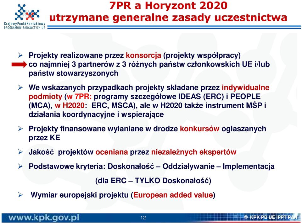 ale w H2020 także instrument MŚP i działania koordynacyjne i wspierające Projekty finansowane wyłaniane w drodze konkursów ogłaszanych przez KE Jakość projektów oceniana przez