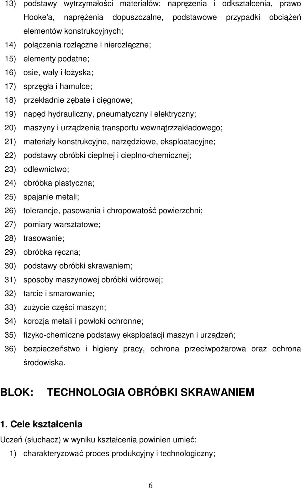 transportu wewnątrzzakładowego; 21) materiały konstrukcyjne, narzędziowe, eksploatacyjne; 22) podstawy obróbki cieplnej i cieplno-chemicznej; 23) odlewnictwo; 24) obróbka plastyczna; 25) spajanie