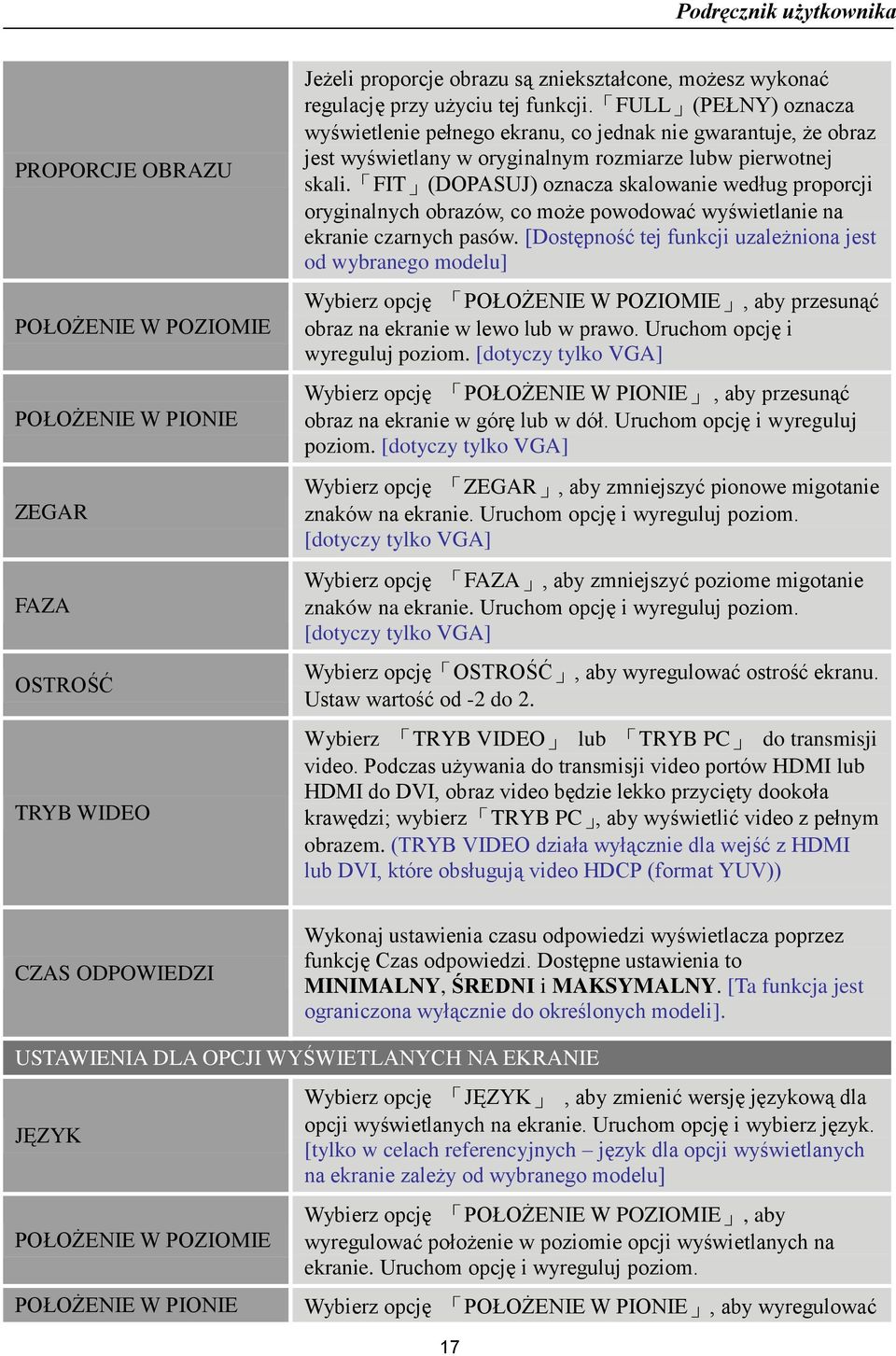 FIT (DOPASUJ) oznacza skalowanie według proporcji oryginalnych obrazów, co może powodować wyświetlanie na ekranie czarnych pasów.