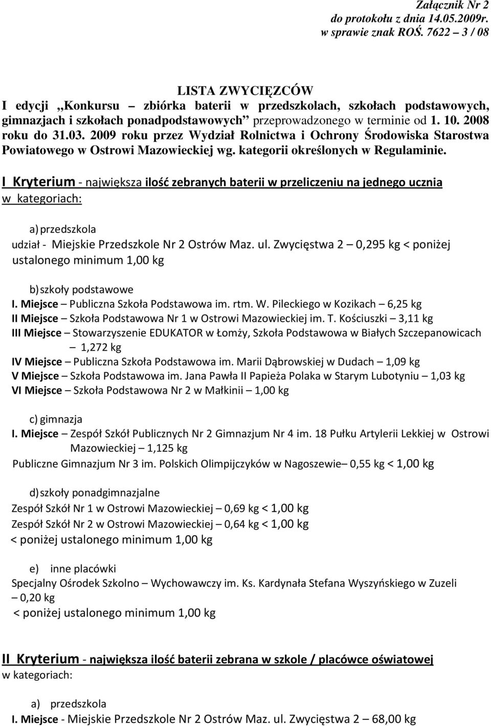 2009 roku przez Wydział Rolnictwa i Ochrony Środowiska Starostwa Powiatowego w Ostrowi Mazowieckiej wg. kategorii określonych w Regulaminie.