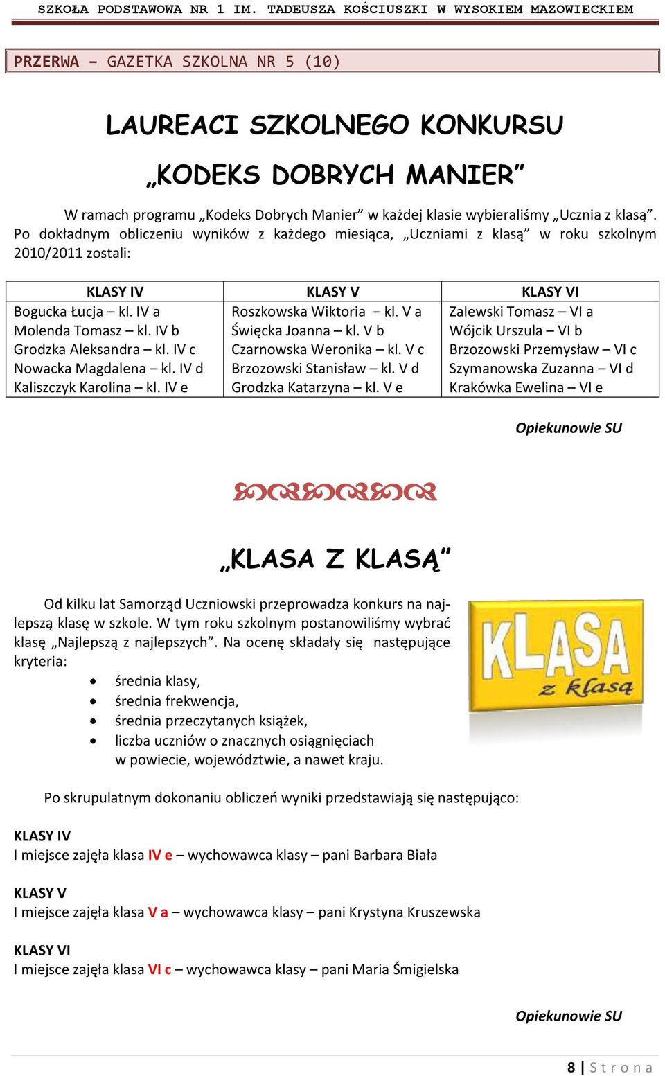 V b Czarnowska Weronika kl. V c Brzozowski Stanisław kl. V d Grodzka Katarzyna kl. V e Bogucka Łucja kl. IV a Molenda Tomasz kl. IV b Grodzka Aleksandra kl. IV c Nowacka Magdalena kl.