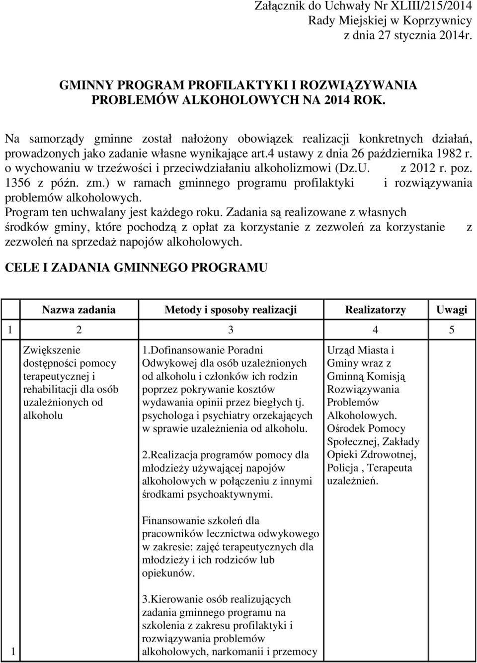 o wychowaniu w trzeźwości i przeciwdziałaniu alkoholizmowi (Dz.U. z 2012 r. poz. 1356 z późn. zm.) w ramach gminnego programu profilaktyki i rozwiązywania problemów alkoholowych.