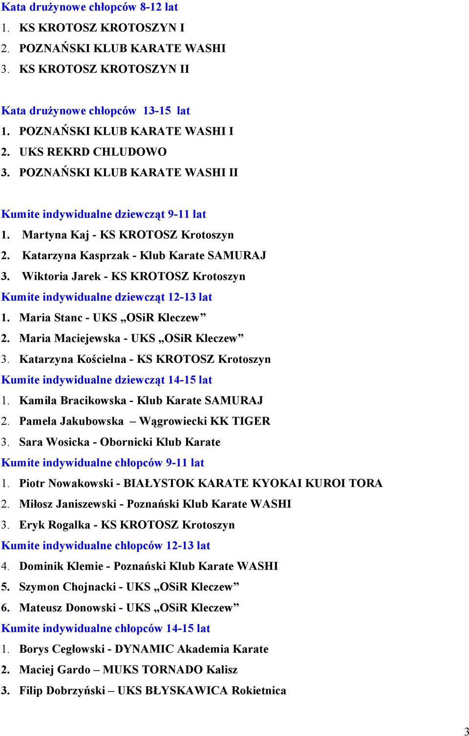 Wiktoria Jarek - KS KROTOSZ Krotoszyn Kumite indywidualne dziewcząt 12-13 lat 1. Maria Stanc - UKS OSiR Kleczew 2. Maria Maciejewska - UKS OSiR Kleczew 3.