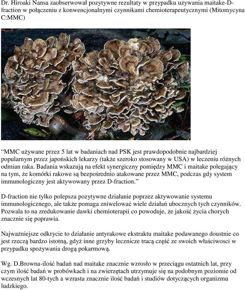 Badania wskazują na efekt synergiczny pomiędzy MMC i maitake polegający na tym, że komórki rakowe są bezpośrednio atakowane przez MMC, podczas gdy system immunologiczny jest aktywowany przez