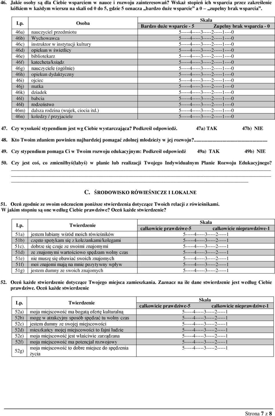 Osoba Bardzo duże wsparcie - 5 Zupełny brak wsparcia - 0 46a) nauczyciel przedmiotu ----0 46b) Wychowawca ----0 46c) instruktor w instytucji kultury ----0 46d) opiekun w świetlicy ----0 46e)