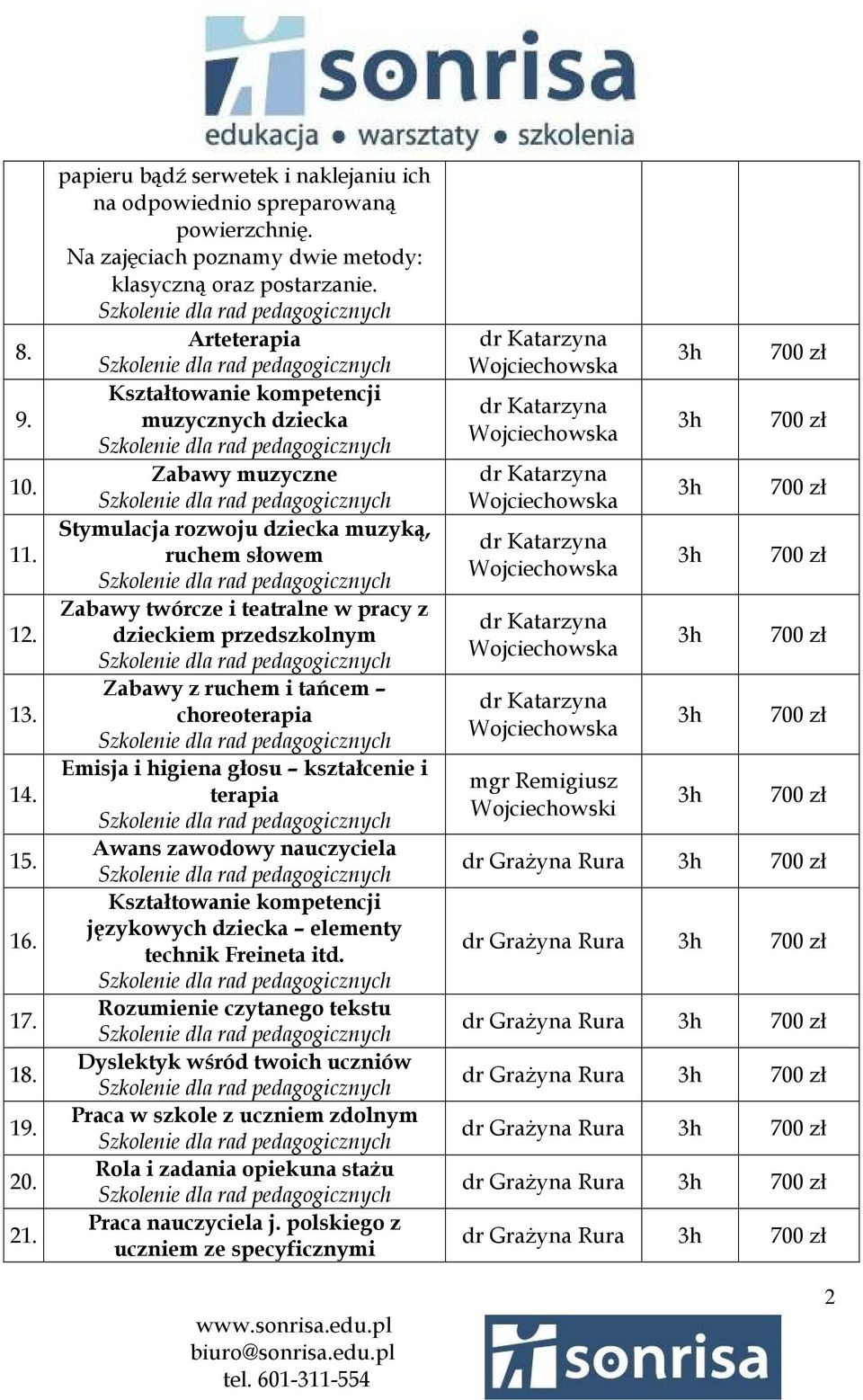 i tańcem choreoterapia Emisja i higiena głosu kształcenie i terapia Awans zawodowy nauczyciela Kształtowanie kompetencji językowych dziecka elementy technik Freineta itd.