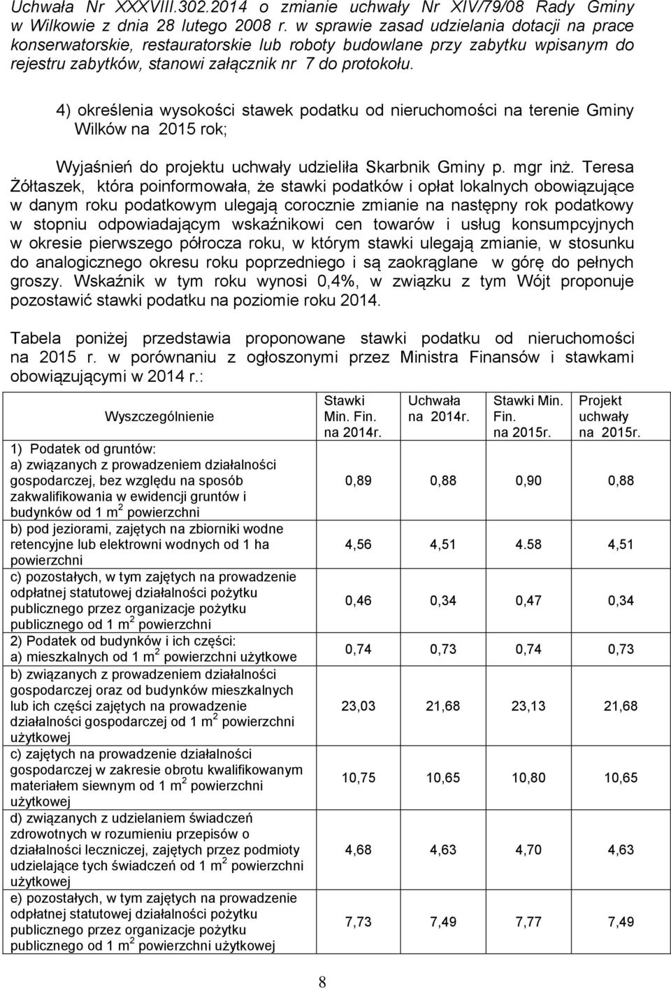 4) określenia wysokości stawek podatku od nieruchomości na terenie Gminy Wilków na 2015 rok; Wyjaśnień do projektu uchwały udzieliła Skarbnik Gminy p. mgr inż.