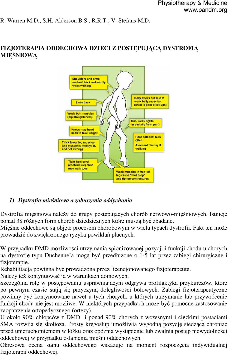 Physiotherapy & Medicine FIZJOTERAPIA ODDECHOWA DZIECI Z POSTĘPUJĄCĄ DYSTROFIĄ MIĘŚNIOWĄ 1) Dystrofia mięśniowa a zaburzenia oddychania Dystrofia mięśniowa należy do grupy postępujących chorób