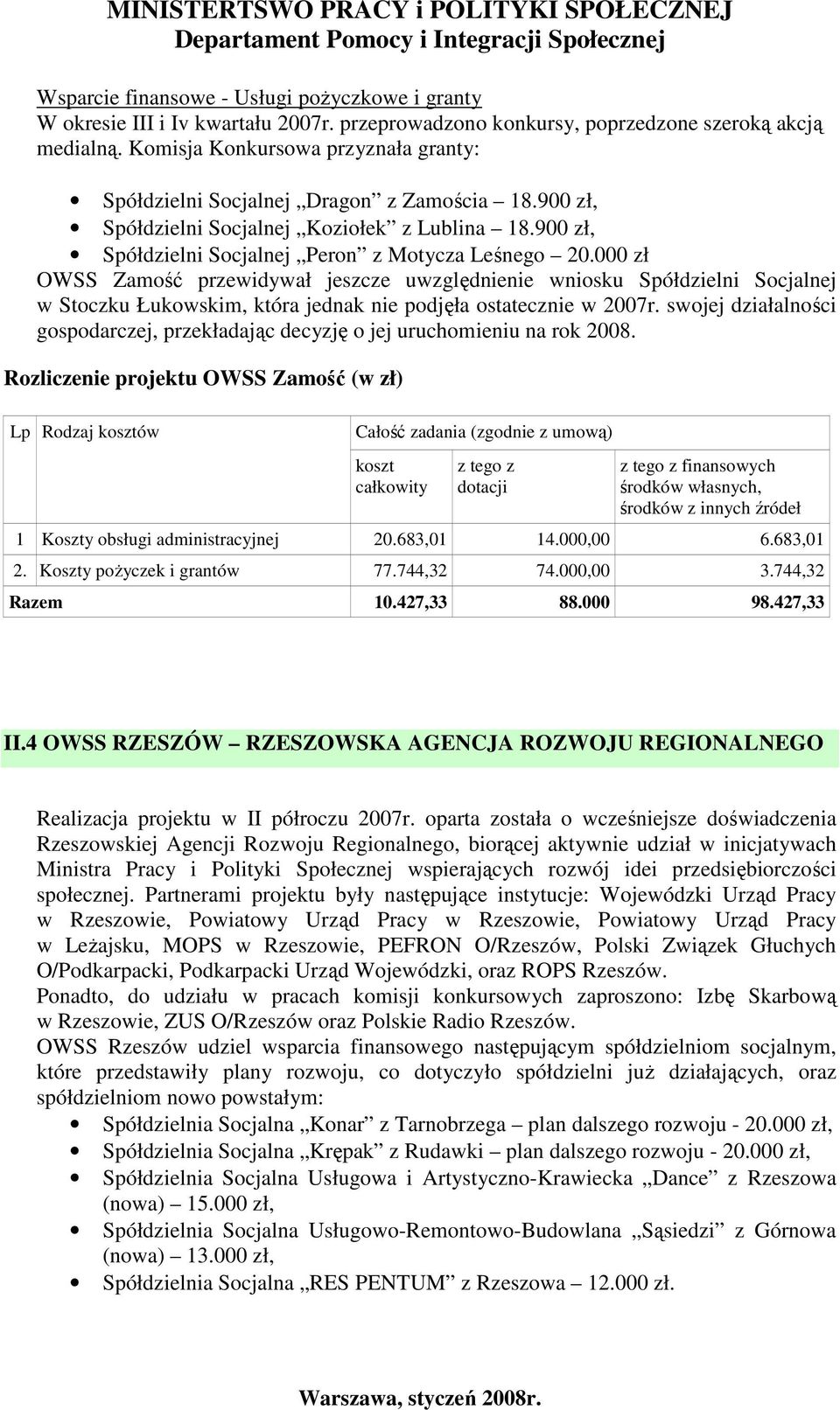 000 zł OWSS Zamość przewidywał jeszcze uwzględnienie wniosku Spółdzielni Socjalnej w Stoczku Łukowskim, która jednak nie podjęła ostatecznie w 2007r.